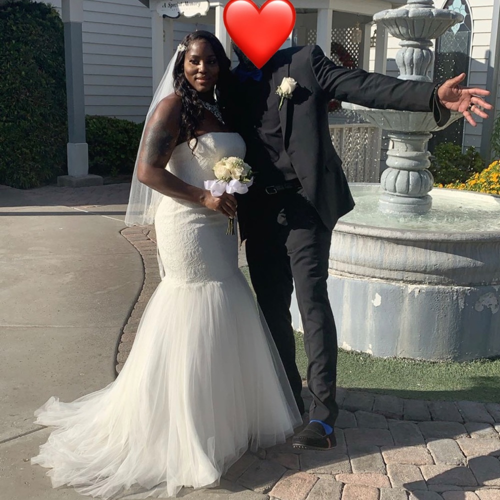 David’s Bridal wedding dress by Galina with Vale